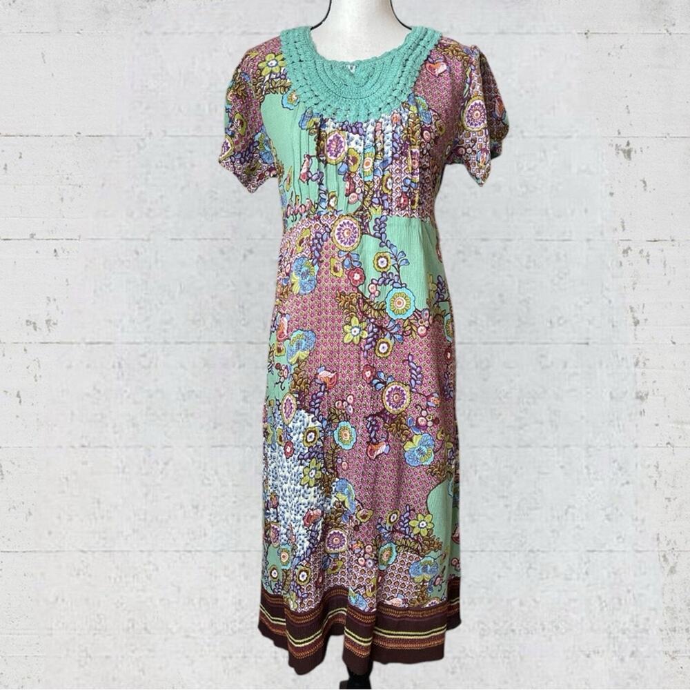 Phool Floral Boho Crochet Midi Dress Size M Peasant Crochet Cottage